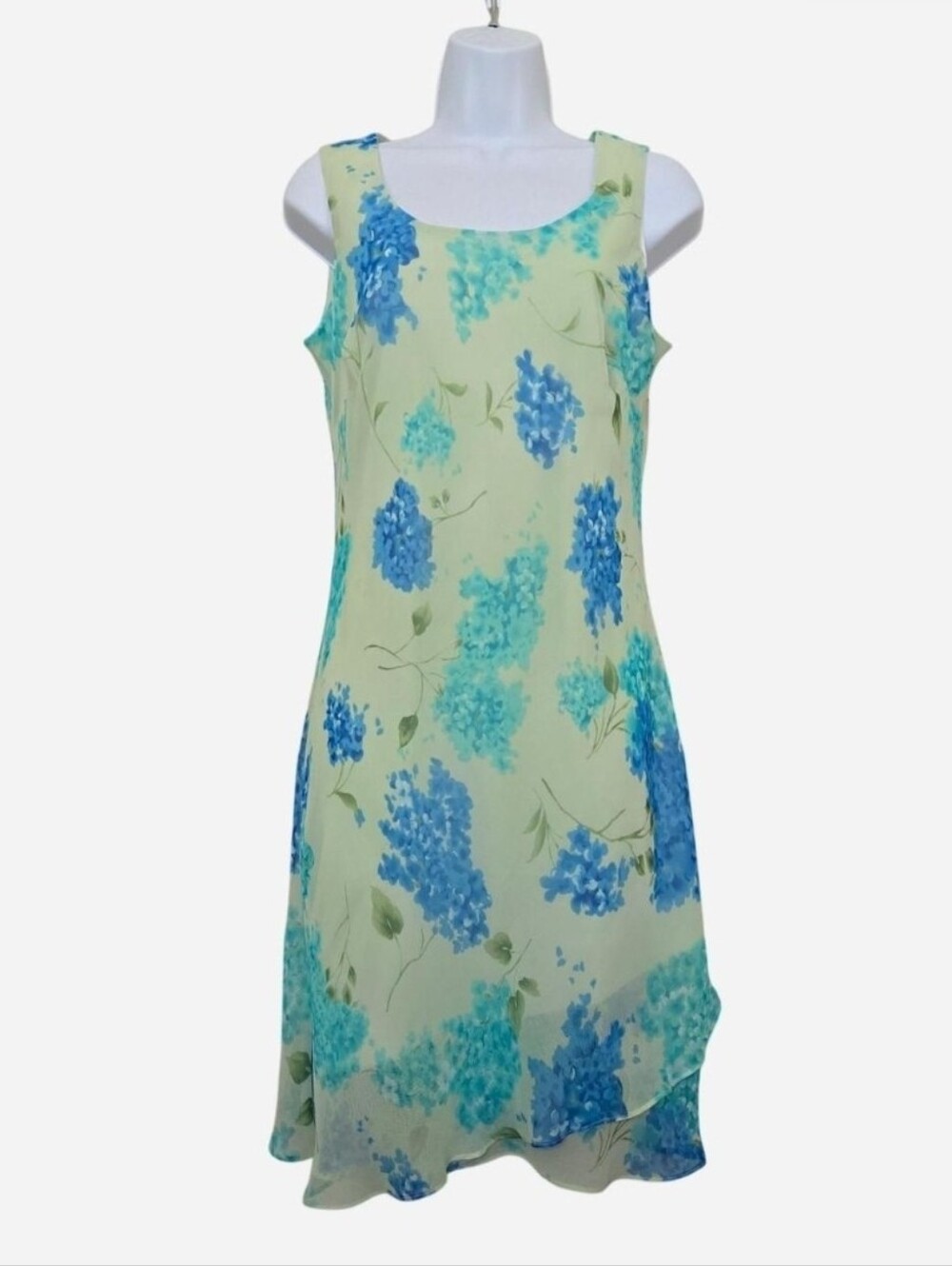 Vintage 90s Floral Green Chiffon Ruffled Hem Dress Size Medium Cottage Fairycore